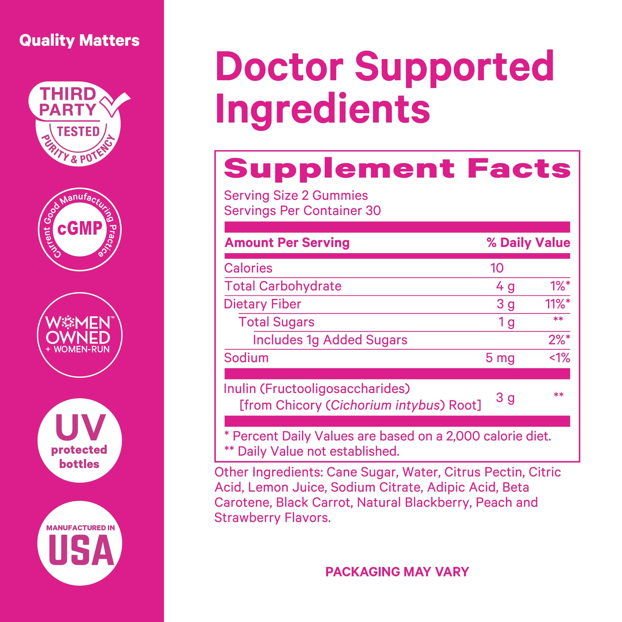 Pink Stork Dos gomitas al día con agua para ingesta práctica.