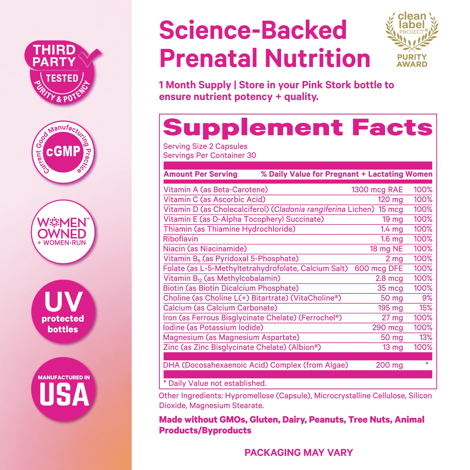 Pink Stork lista de ingredientes mostrando folato metilado y DHA vegano