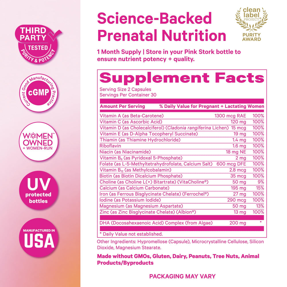 Pink Stork lista de ingredientes mostrando folato metilado y DHA vegano
