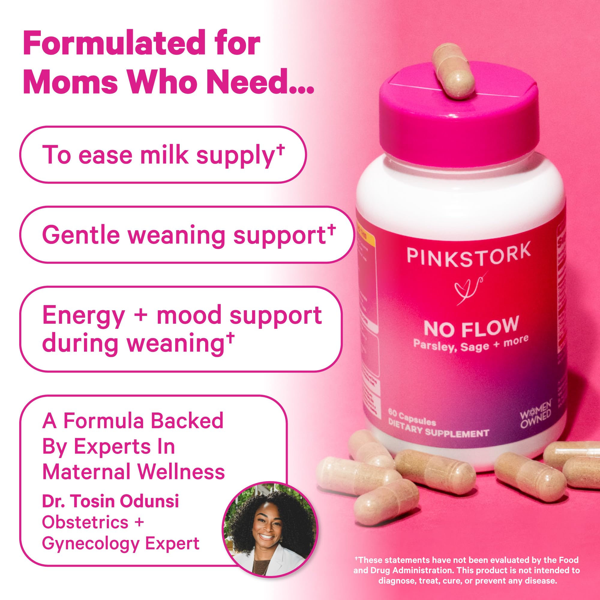 Pink Stork etiqueta lateral No Flow con lista de ingredientes visible
