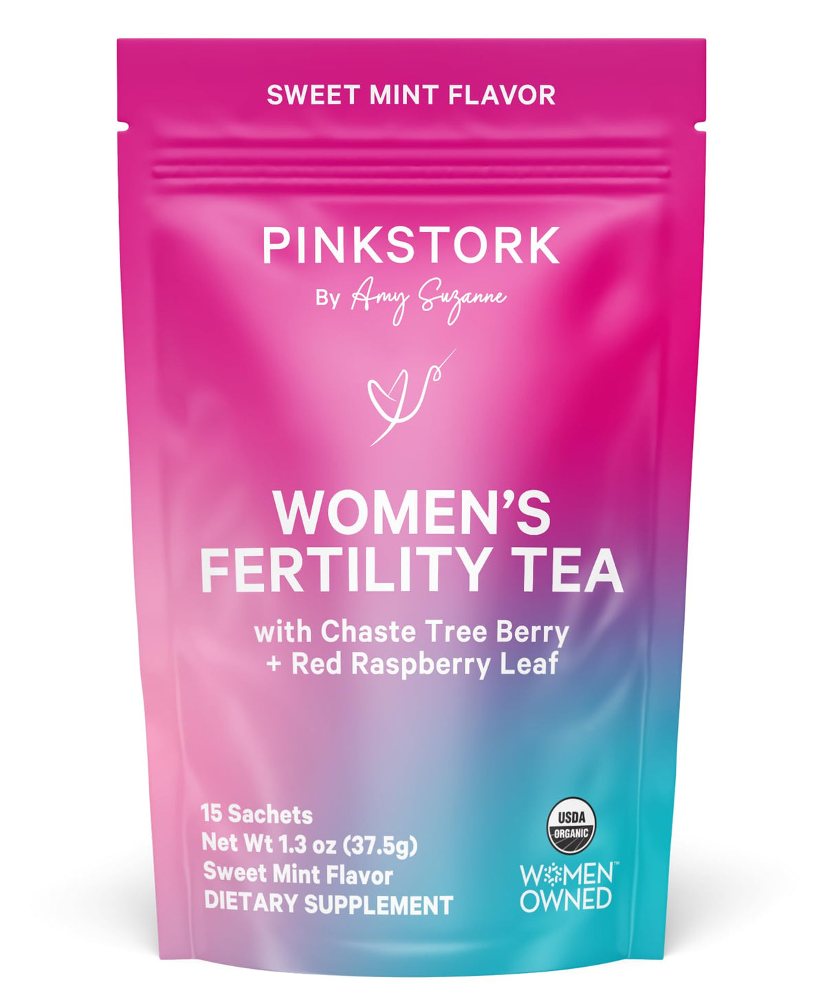 Pink Stork empaque frontal mostrando etiqueta y beneficio orgánico