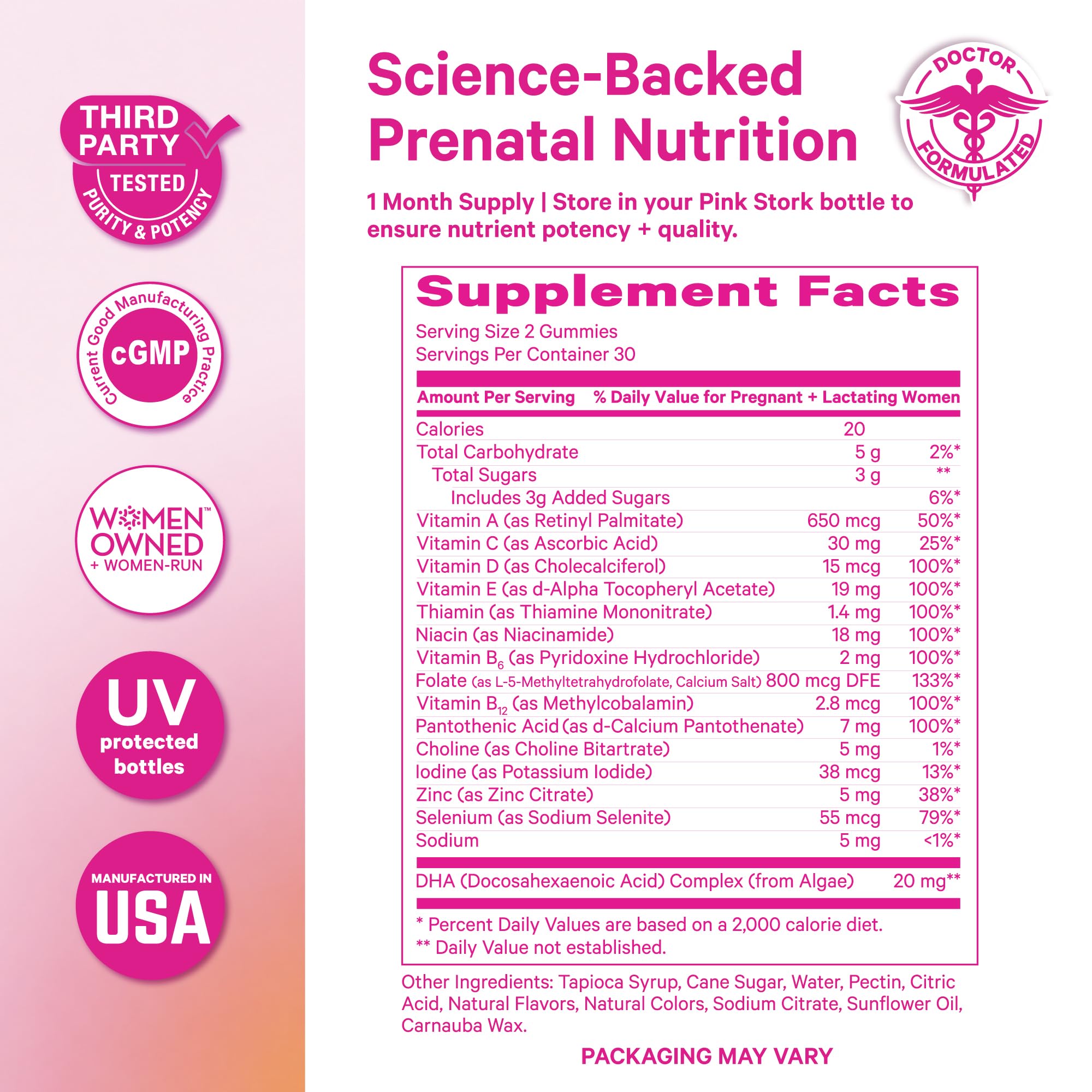 Pink Stork botella con protección UV preservando la potencia de nutrientes