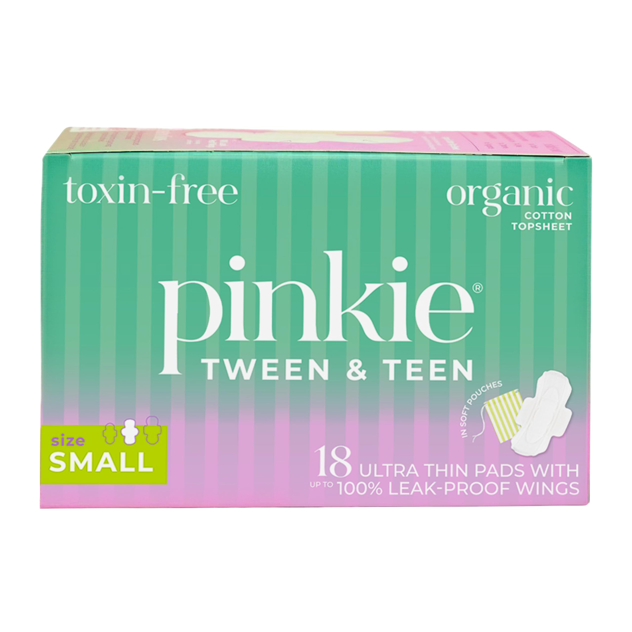 Pinkie empaque frontal mostrando 18 compresas y marca, cómoda para portar