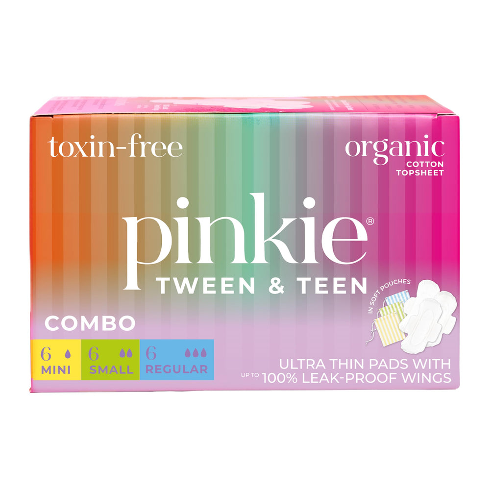Pinkie caja combo frontal mostrando 18 compresas y variedad de tallas, aporta confianza