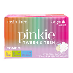 Pinkie caja combo frontal mostrando 18 compresas y variedad de tallas, aporta confianza