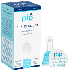 Pip empaque frontal mostrando 100 agujas y beneficio de suministro prolongado