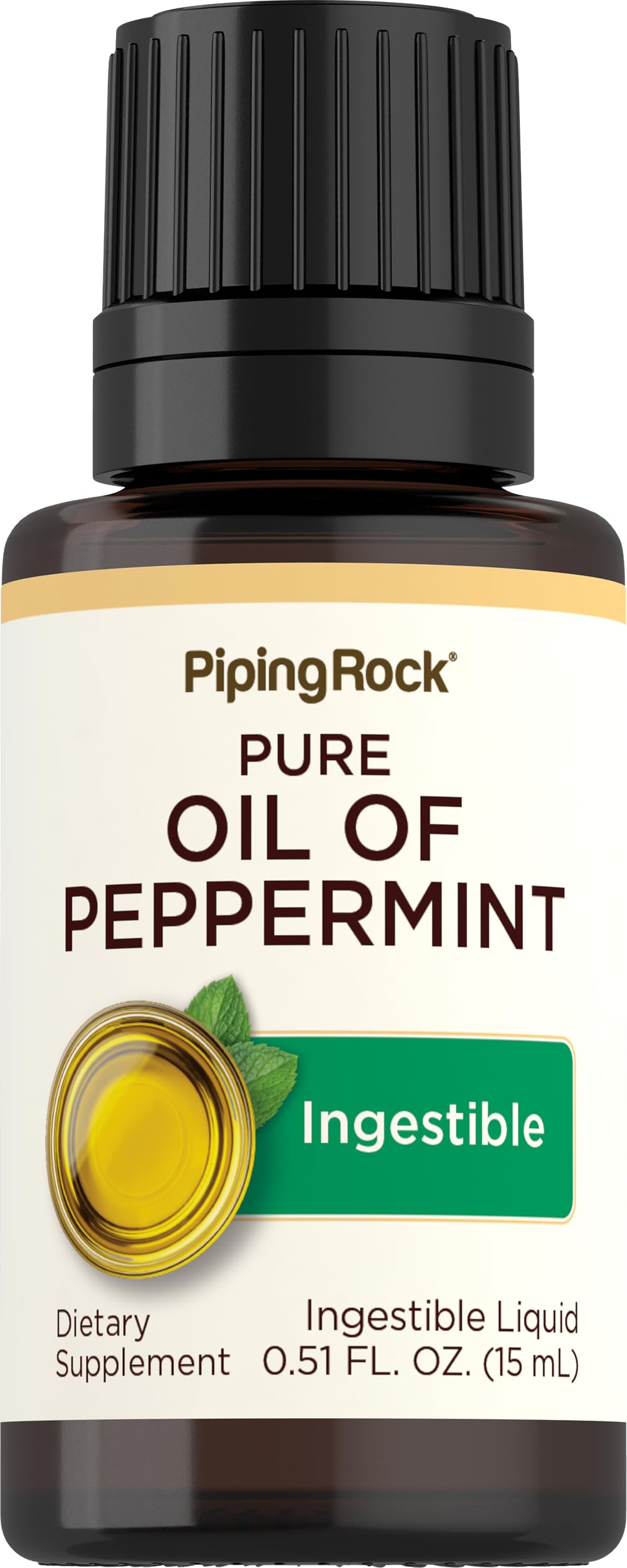 Piping Rock envase frontal del aceite de menta 15 ml mostrando diseño y tamaño