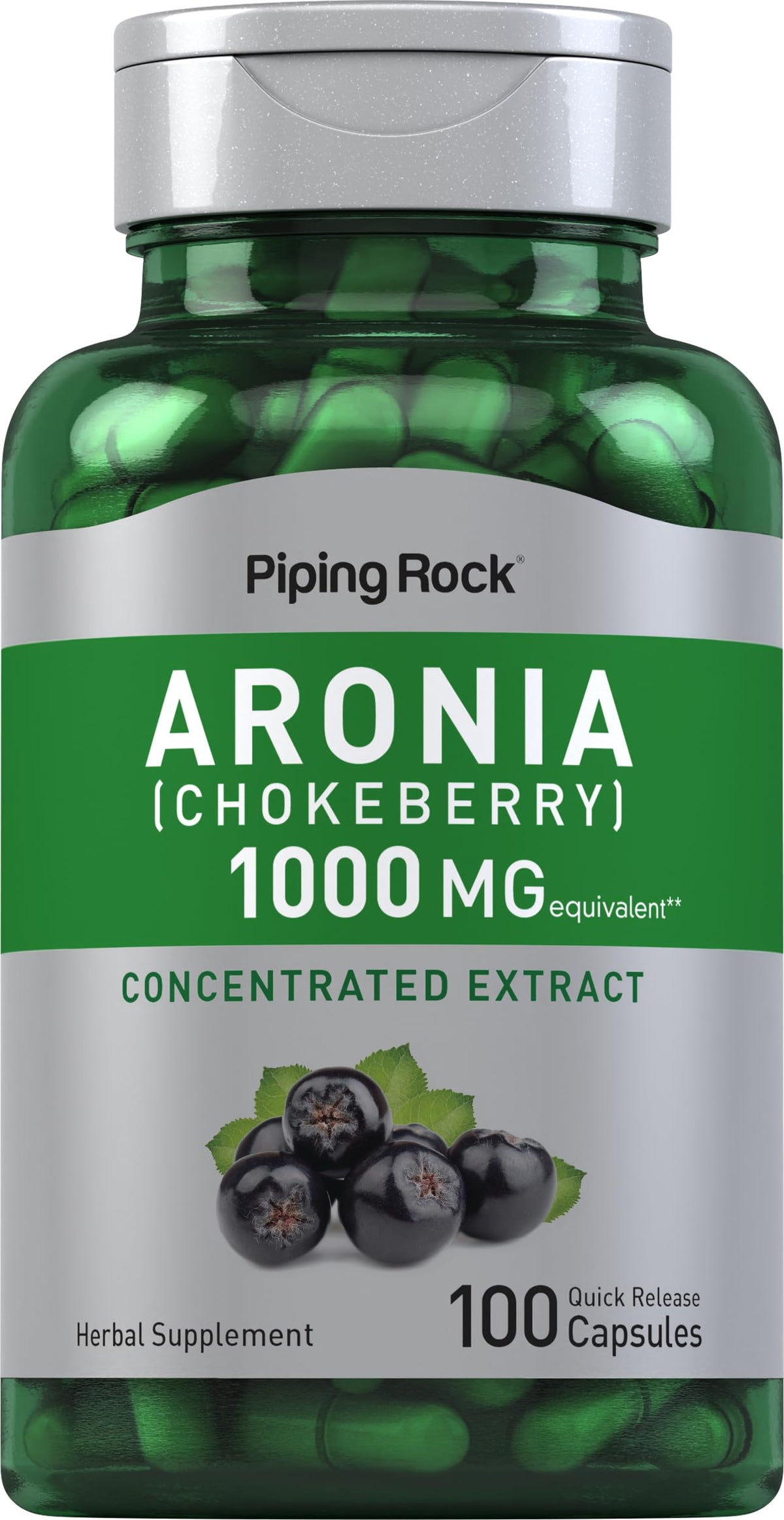 Piping Rock frasco frontal de aronia con diseño claro y beneficios visibles