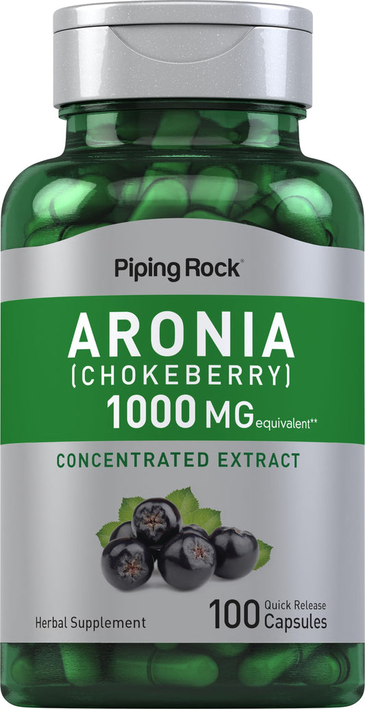 Piping Rock frasco frontal de aronia con diseño claro y beneficios visibles
