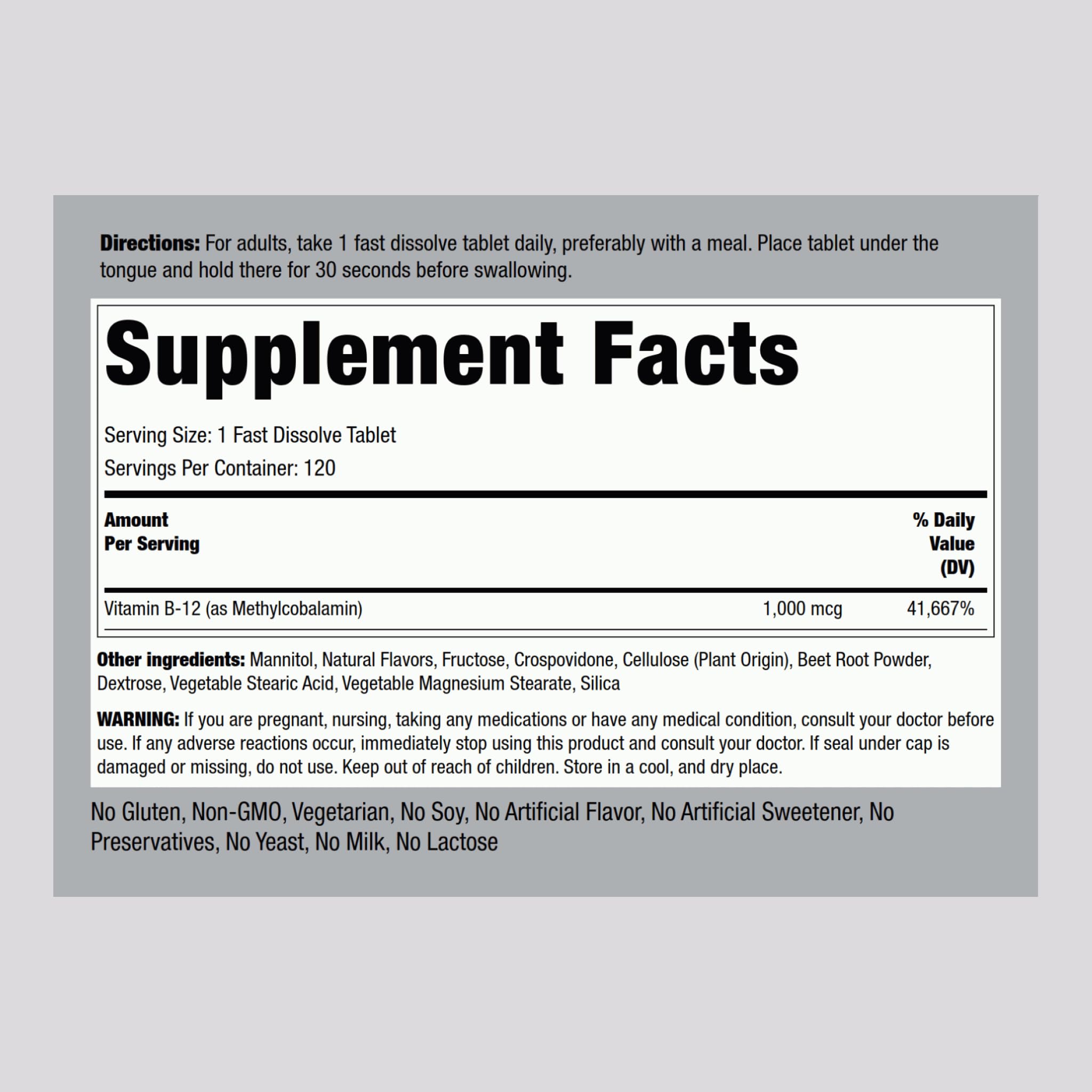 Piping Rock primer plano de tableta sublingual, muestra la superficie y tamaño