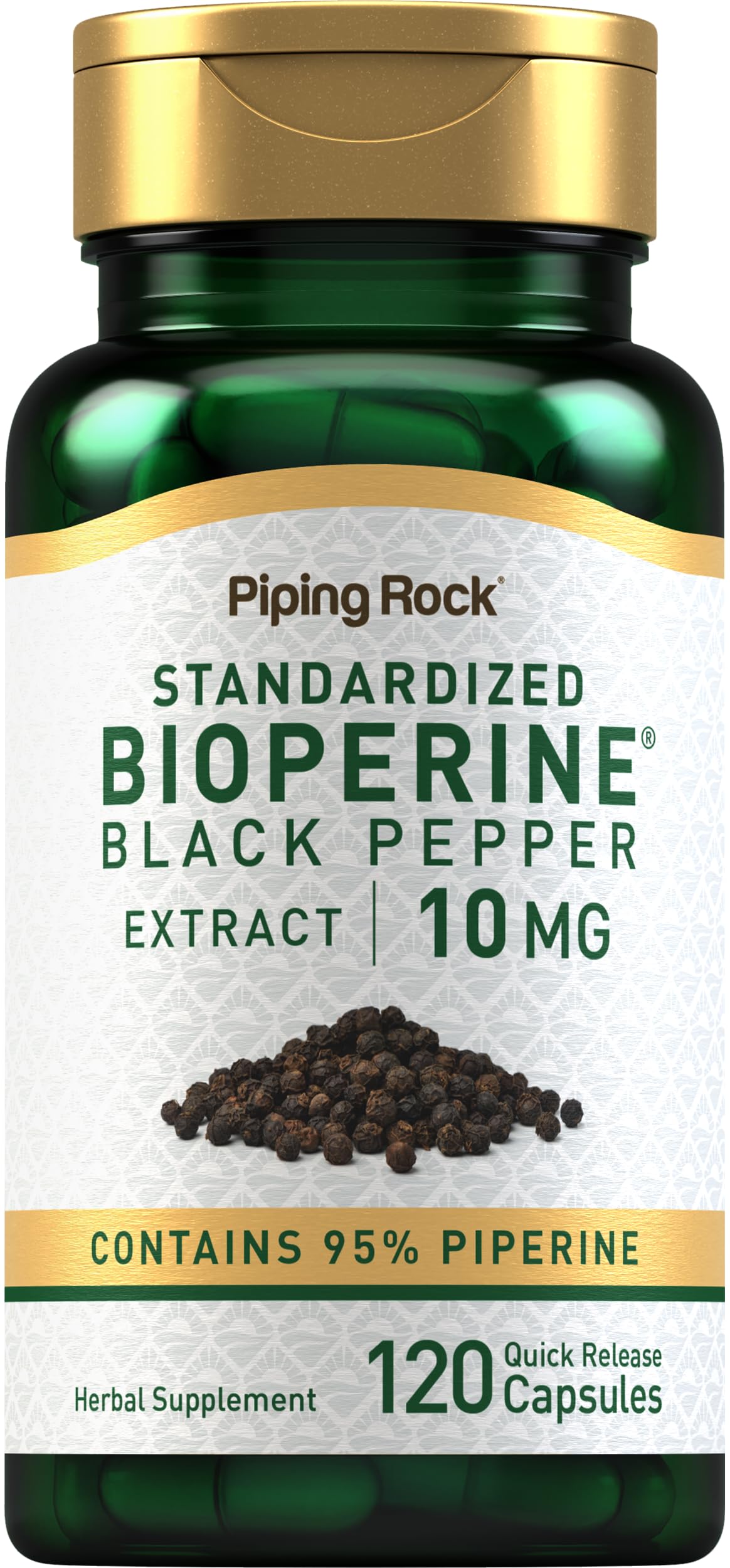 Piping Rock envase frontal Bioperine 120 cápsulas mostrando la marca y cantidad
