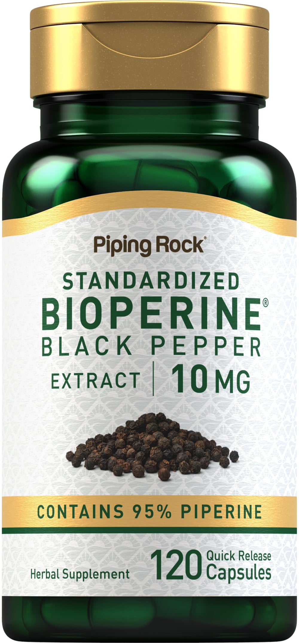 Piping Rock envase frontal Bioperine 120 cápsulas mostrando la marca y cantidad