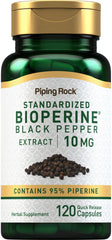 Piping Rock envase frontal Bioperine 120 cápsulas mostrando la marca y cantidad