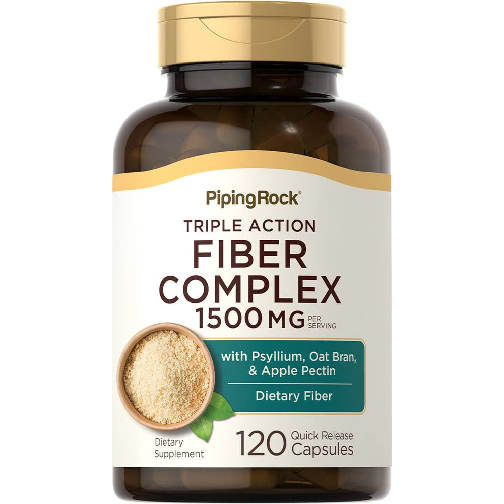 Piping Rock envase frontal Fiber Complex mostrando 120 cápsulas y beneficios