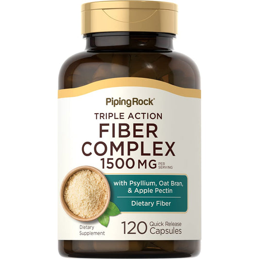 Piping Rock envase frontal Fiber Complex mostrando 120 cápsulas y beneficios