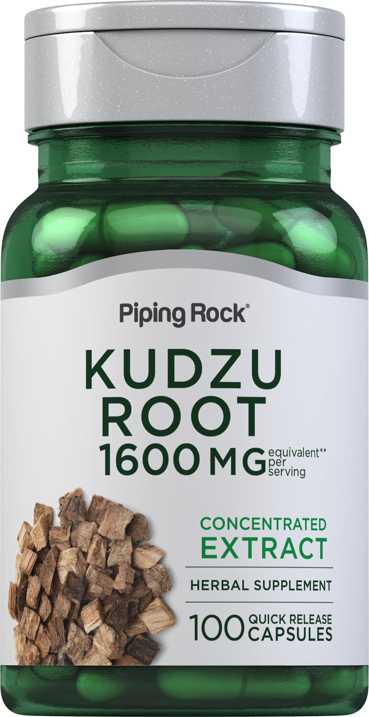 Piping Rock frasco frontal mostrando 100 cápsulas y conveniencia
