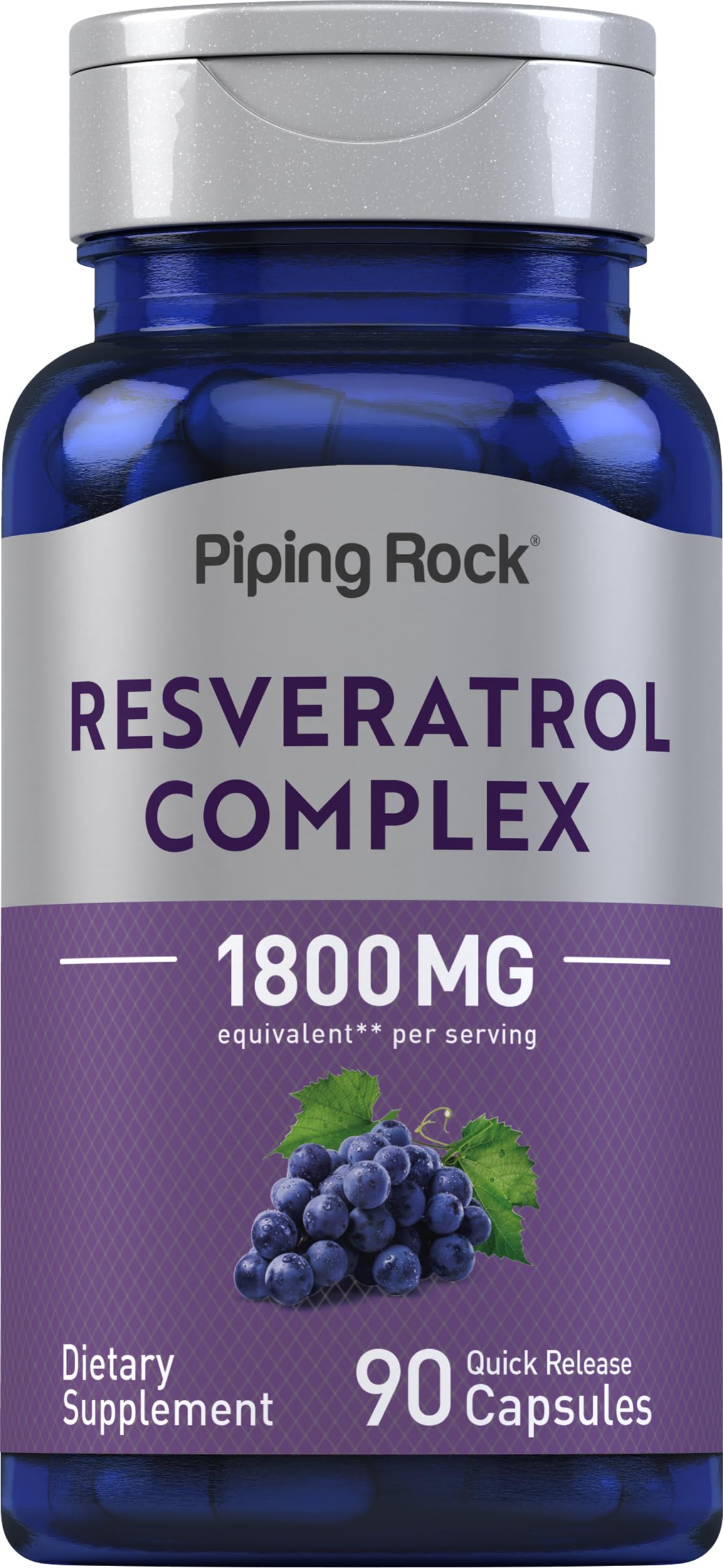 Piping Rock frasco frontal mostrando envase y 90 cápsulas, claro beneficio conveniencia