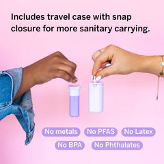 Pixie Cup aplicador dentro de estuche de viaje para transporte seguro