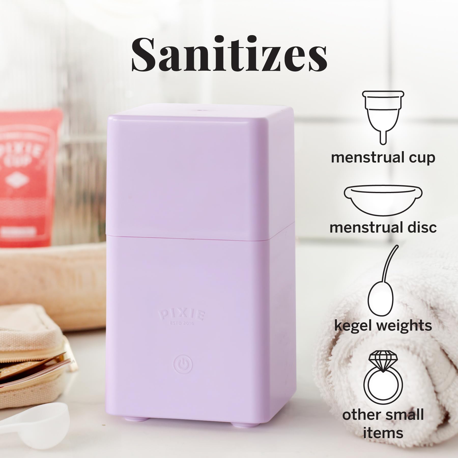 Pixie Cup con una copa menstrual dentro listo para esterilizar
