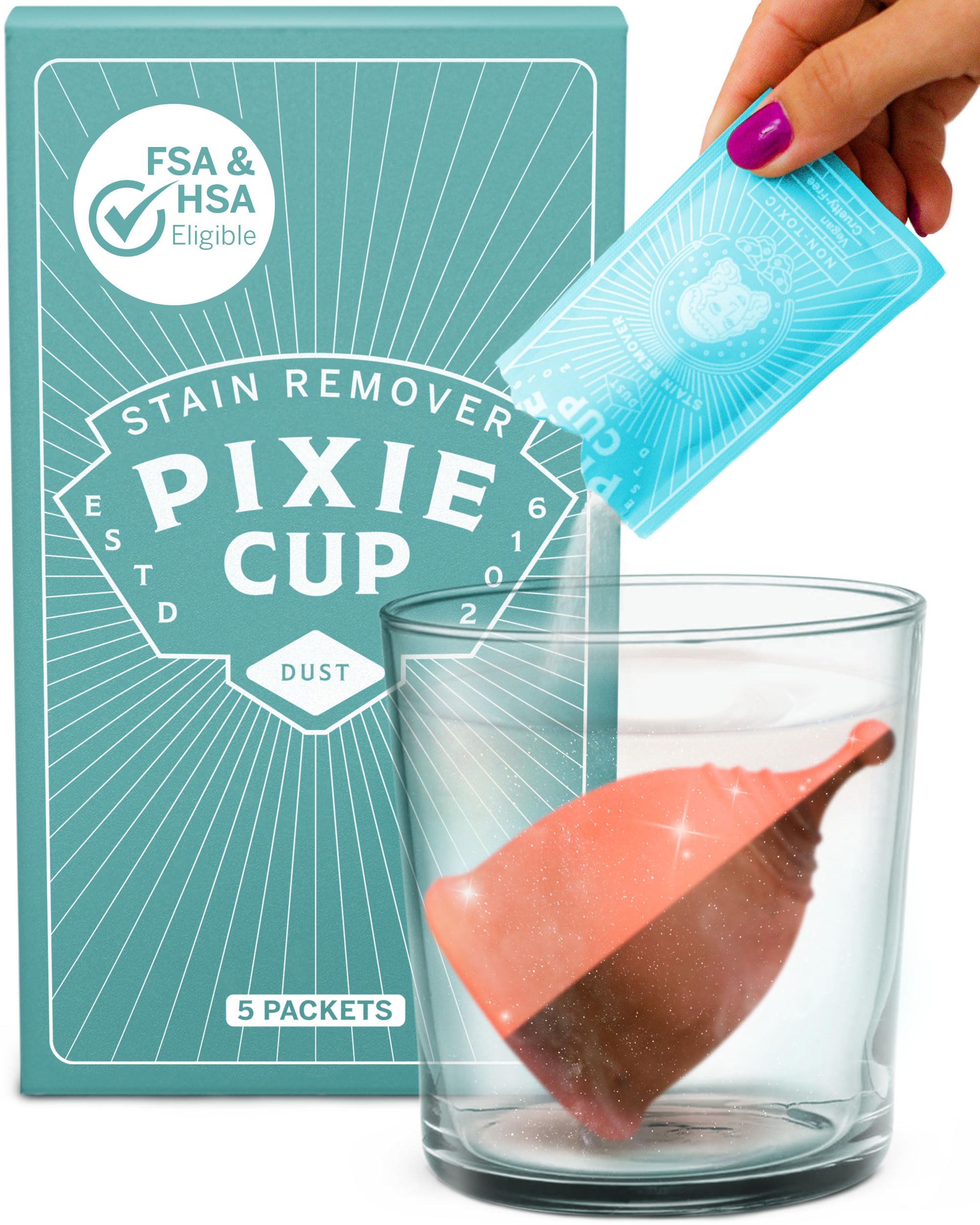 Pixie Cup empaque frontal mostrando sobres y beneficios de limpieza