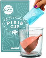 Pixie Cup empaque frontal mostrando sobres y beneficios de limpieza