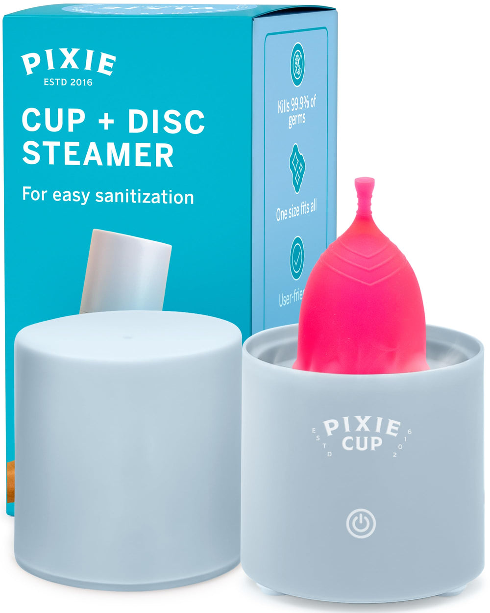 Pixie Cup vista frontal del esterilizador compacto con limpieza rápida