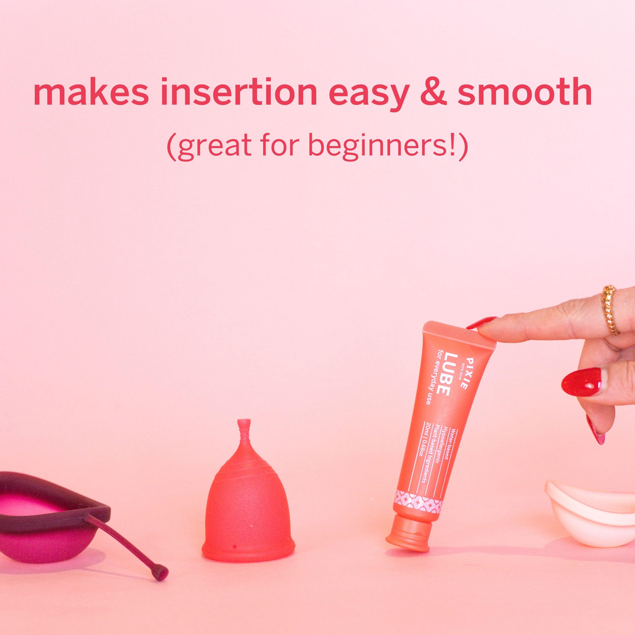 Pixie Cup gota del lubricante enfatizando textura suave y segura