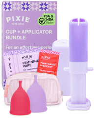 Pixie Cup vista frontal mostrando las dos copas y el aplicador, comodidad higiénica