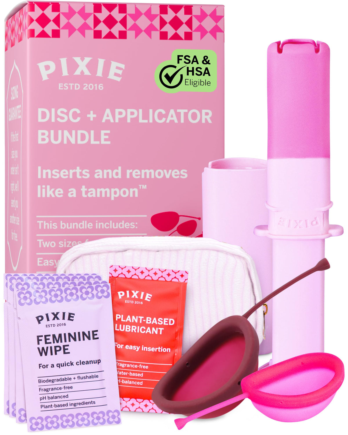 Pixie Cup vista frontal del paquete mostrando disco y aplicador beneficios de inicio fácil