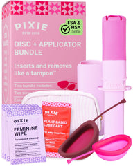Pixie Cup vista frontal del paquete mostrando disco y aplicador beneficios de inicio fácil