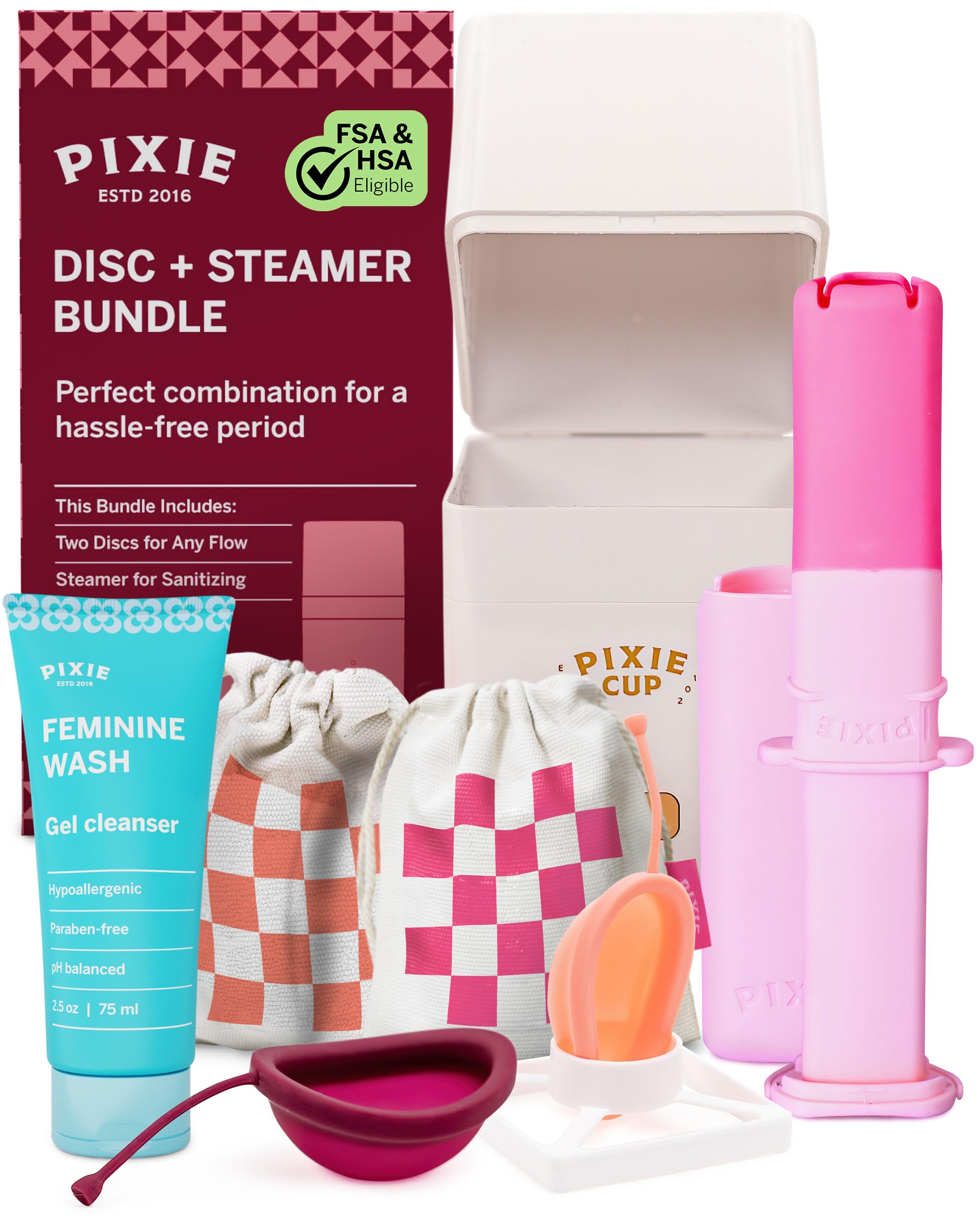 Pixie Cup presentación completa del kit con accesorios, facilita empezar sostenible