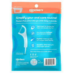 Plackers primer plano del doble hilo que mejora limpieza interdental