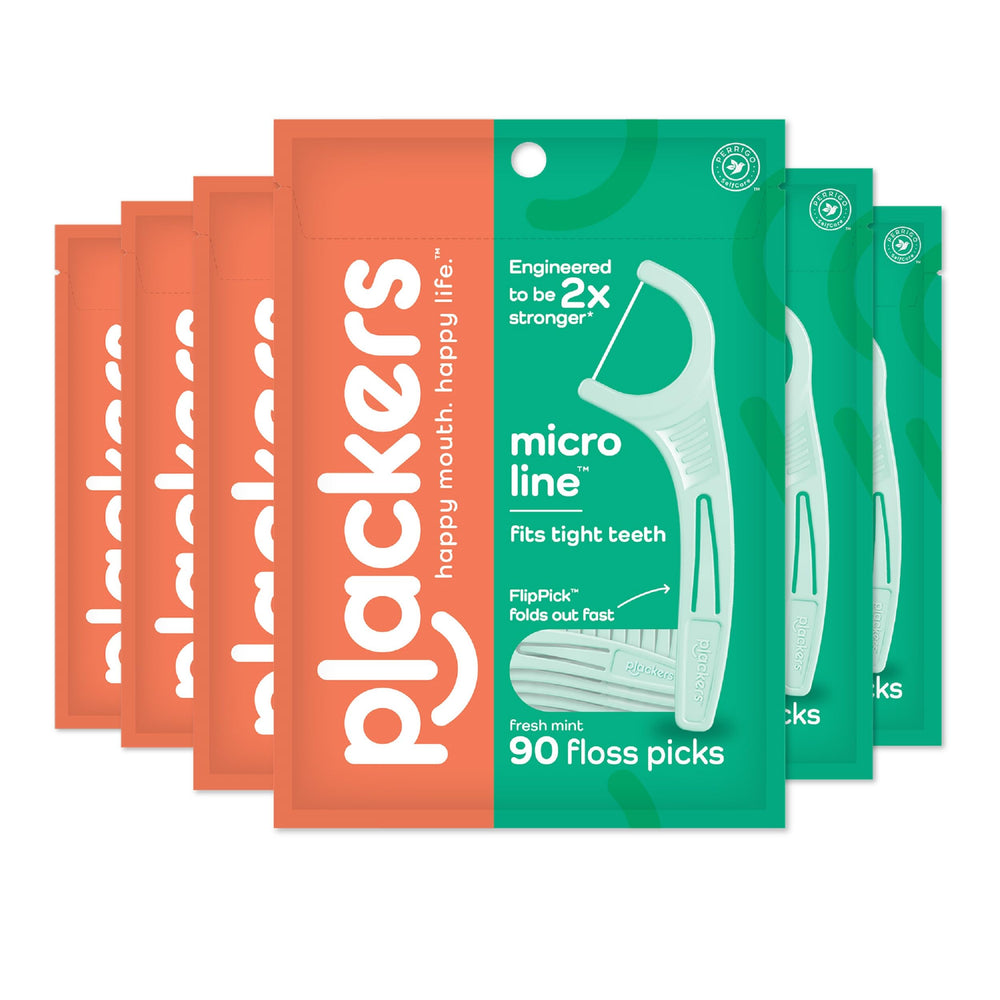 Plackers frente del paquete mostrando 90 unidades y beneficio almacenamiento