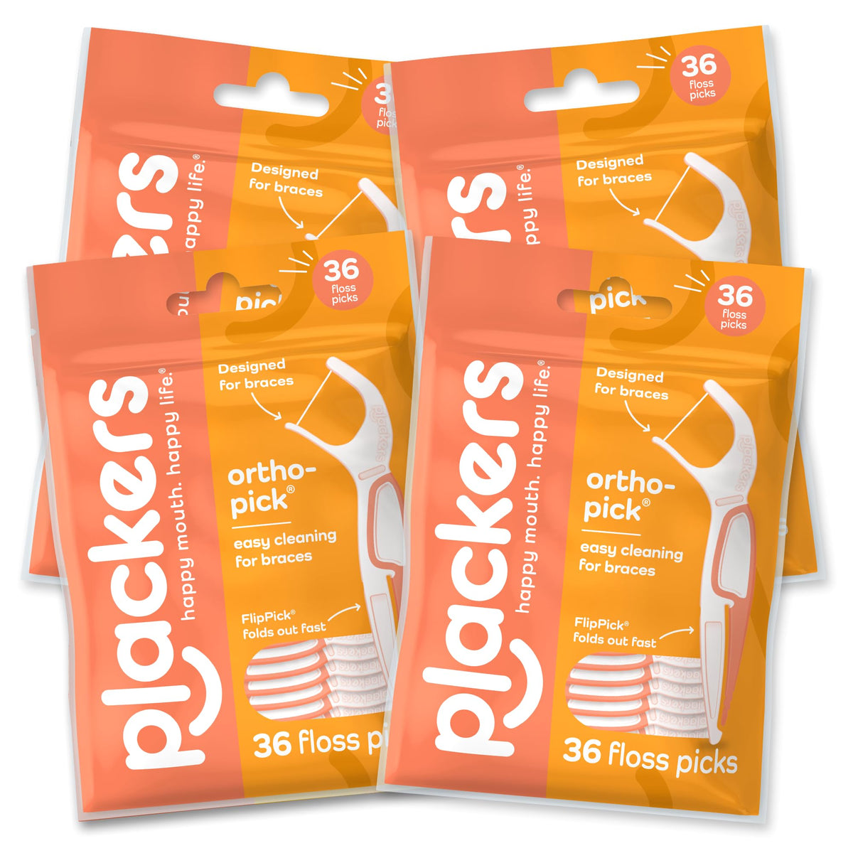 Plackers OrthoPick frontal del empaque mostrando 36 unidades y beneficios