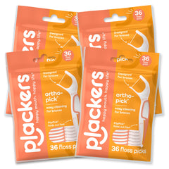 Plackers OrthoPick frontal del empaque mostrando 36 unidades y beneficios