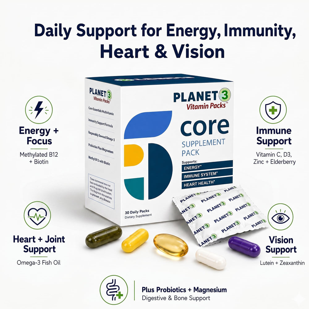 Planet 3 etiqueta con ingredientes clave y certificación GMP visible
