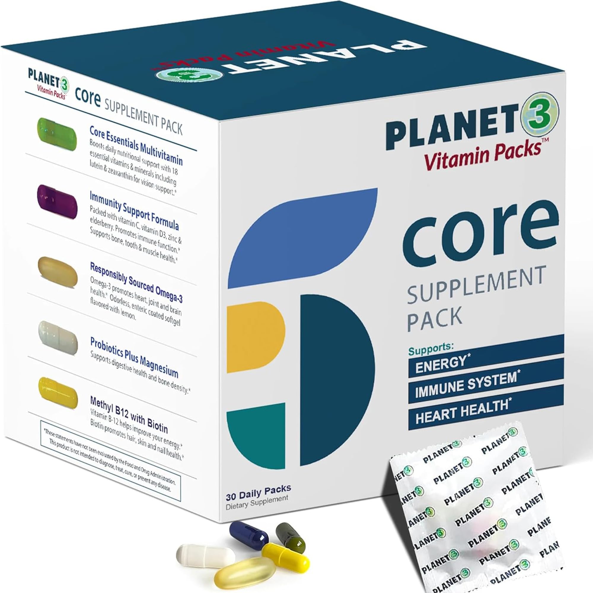 Planet 3 empaque frontal mostrando 30 sobres y facilidad de uso