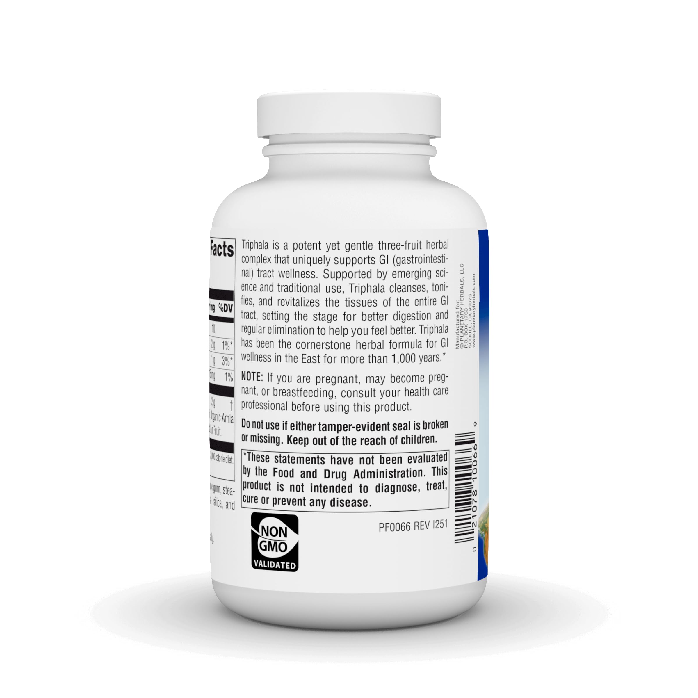Etiqueta de Planetary Herbals Triphala con información de ingredientes y prácticas de fabricación cGMP
