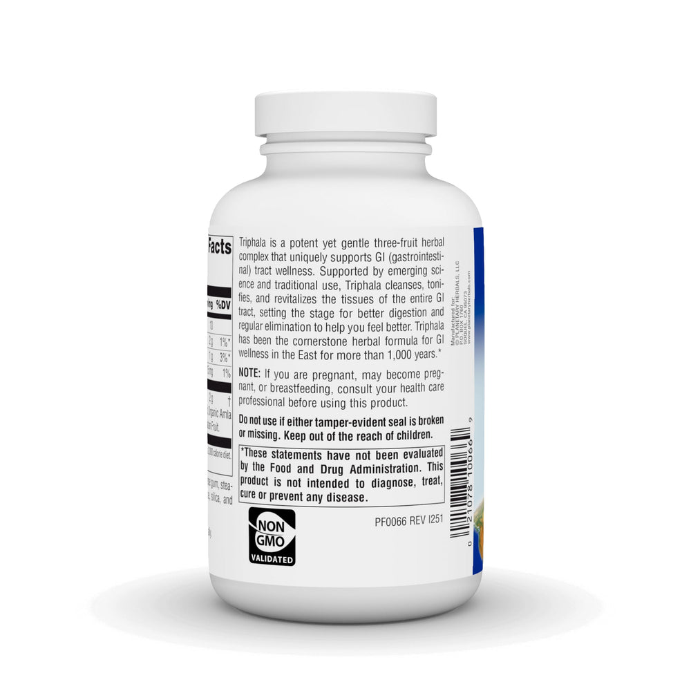 Etiqueta de Planetary Herbals Triphala con información de ingredientes y prácticas de fabricación cGMP