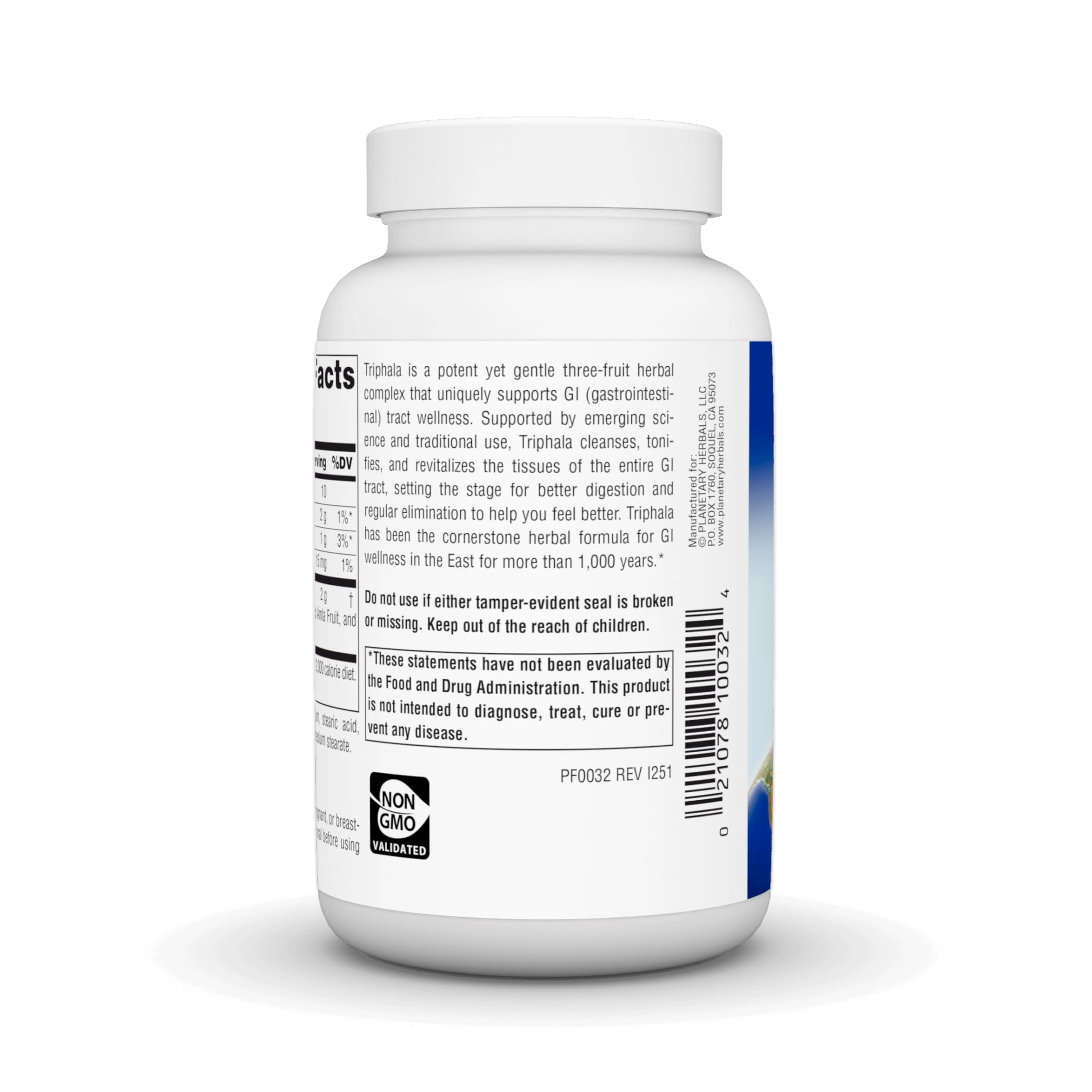 Planetary Herbals Triphala etiqueta nutricional y lista de ingredientes visible