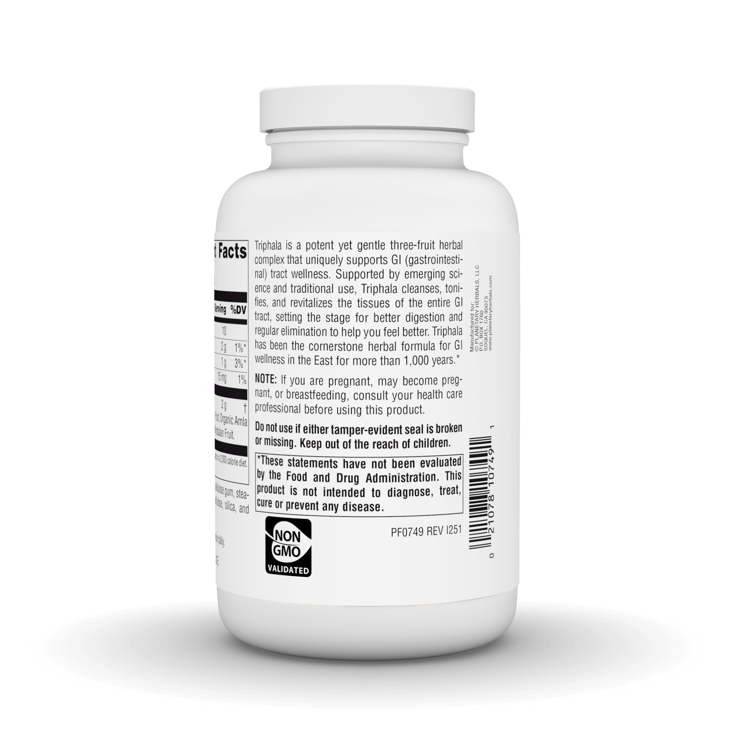 Frasco abierto Planetary Herbals Triphala con tabletas listas para uso cotidiano