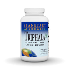 Planetary Herbals frasco Triphala 270 tabletas mostrando etiqueta y beneficios