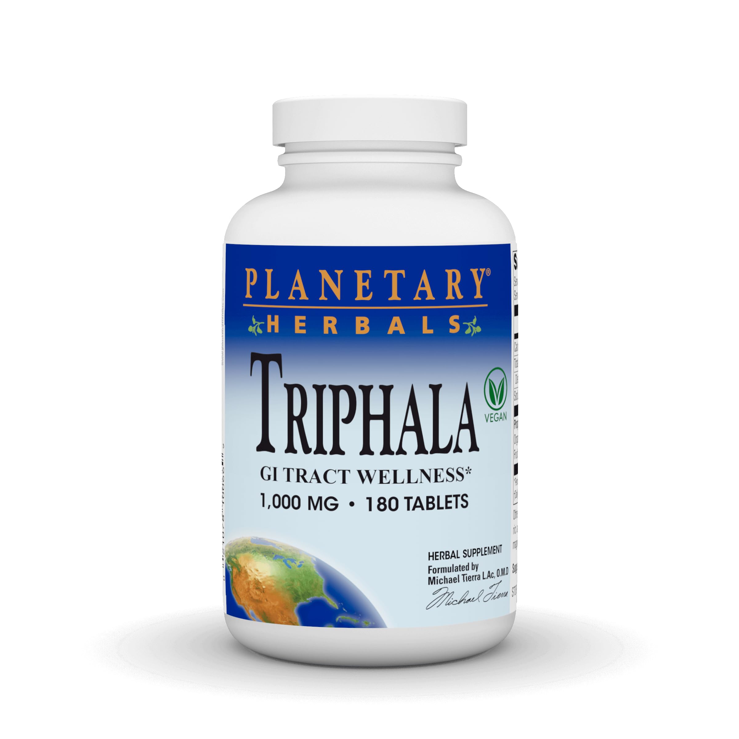 Planetary Herbals frasco frontal de Triphala 1000 mg que muestra tamaño y envase para compra segura