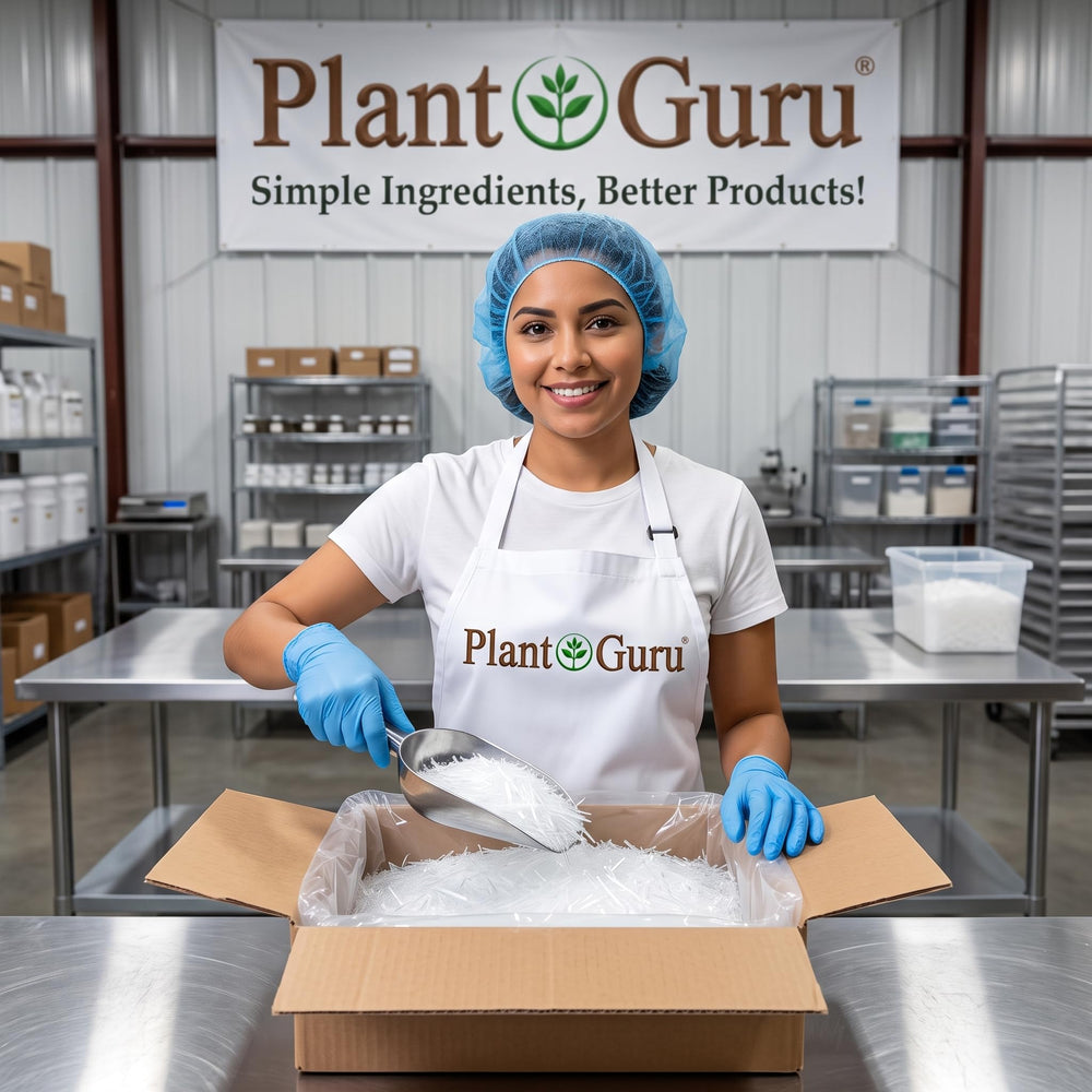 Plant Guru etiqueta del producto mostrando información botánica y grado alimenticio