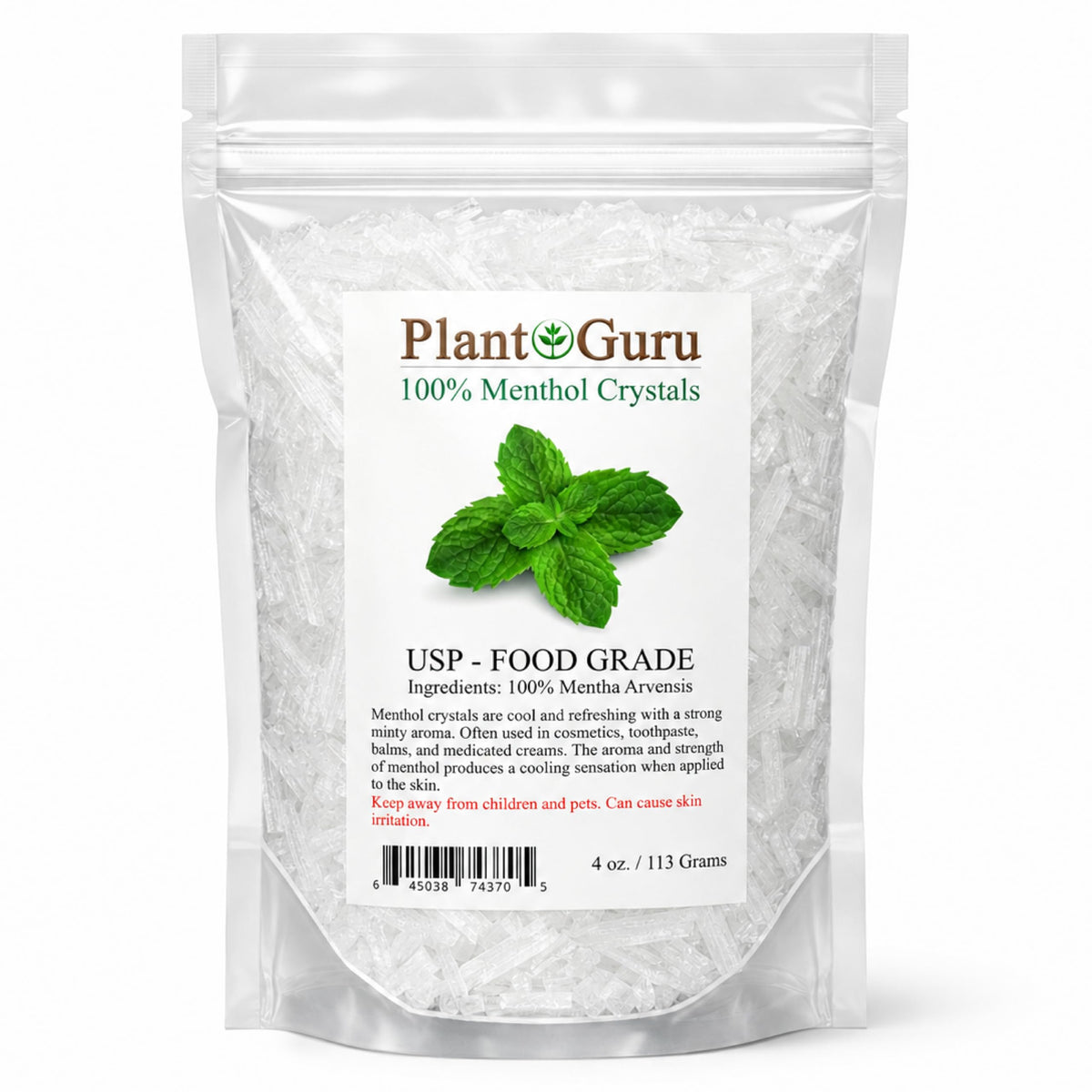 Plant Guru paquete frontal de cristales de mentol, visual claro y profesional