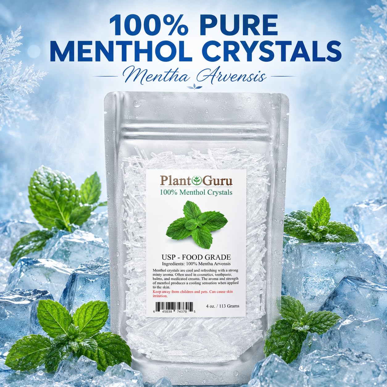 Plant Guru primer plano de cristales de mentol mostrando textura pura y limpia