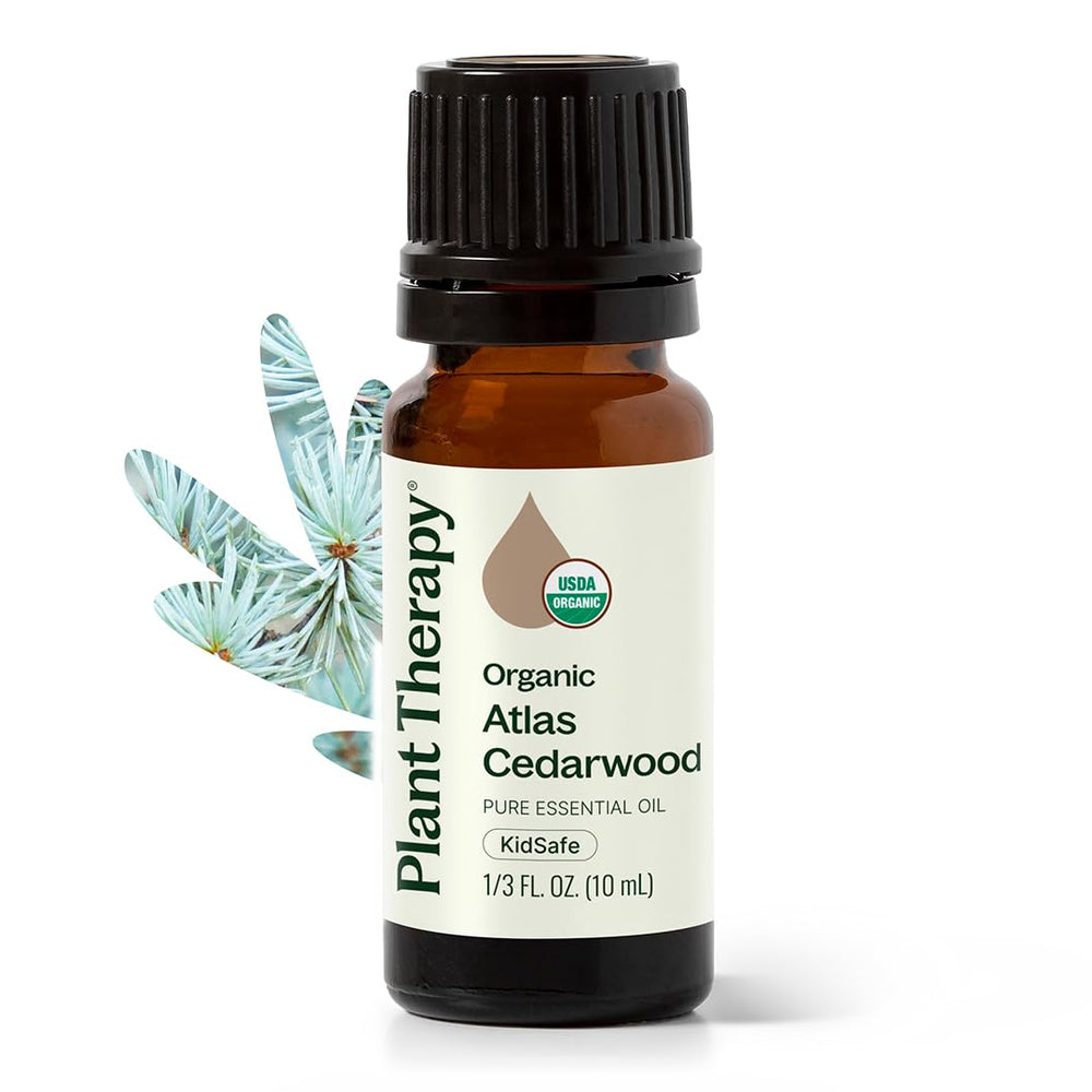 Plant Therapy frasco frontal Cedro Atlas mostrando diseño y beneficio claridad