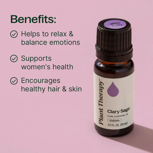 Plant Therapy clary sage etiqueta legible que muestra origen y pureza