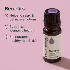 Plant Therapy clary sage etiqueta legible que muestra origen y pureza