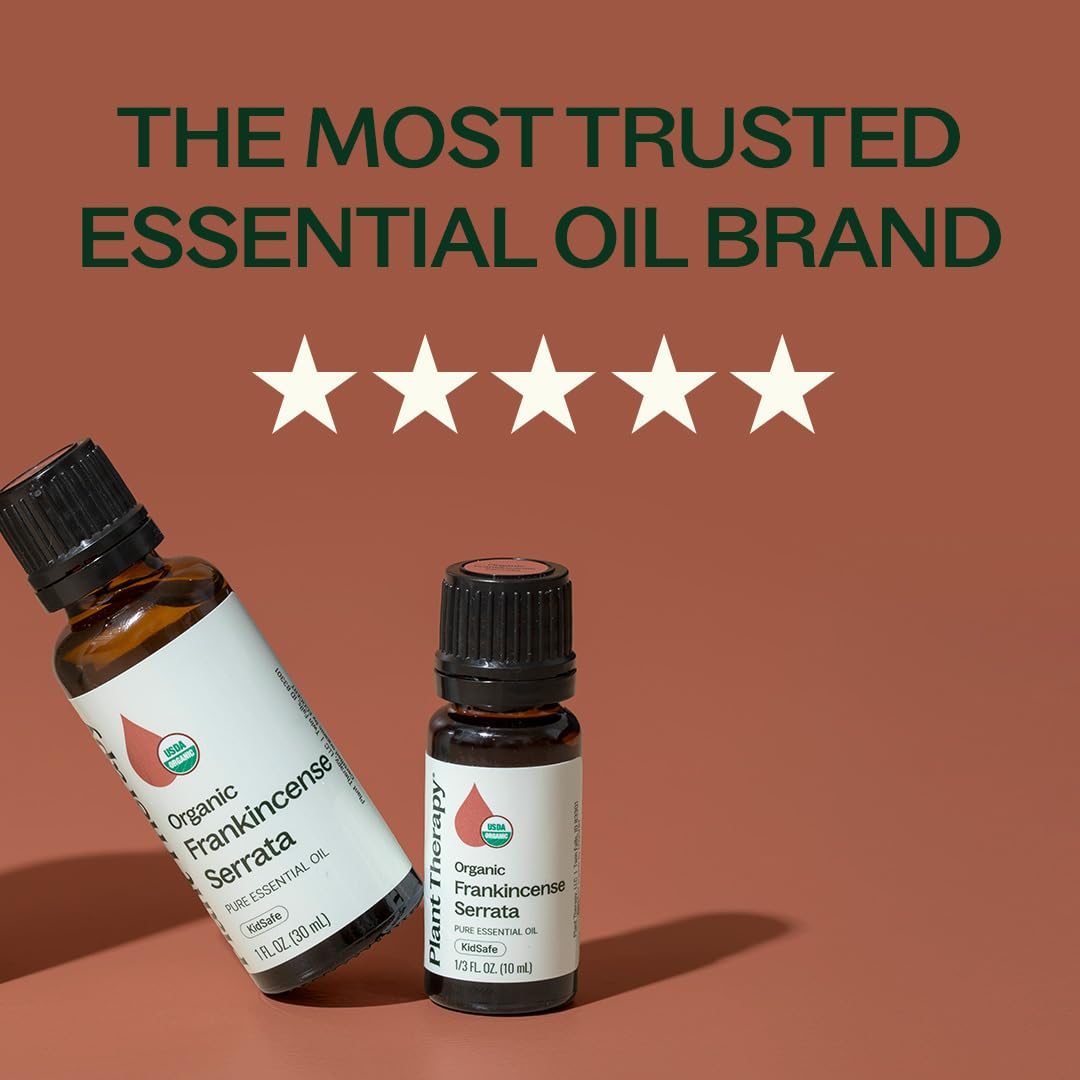 Plant Therapy etiqueta con sellos USDA Organic y referencia de GC‑MS